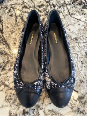 Margaux Navy Tweed Ballet Flats with Black Cap Toe